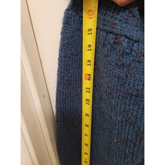 Handmade Blue Wool Button-Up Cardigan Sweater With Ribbed Hem & Cuffs - Picture 7 of 11